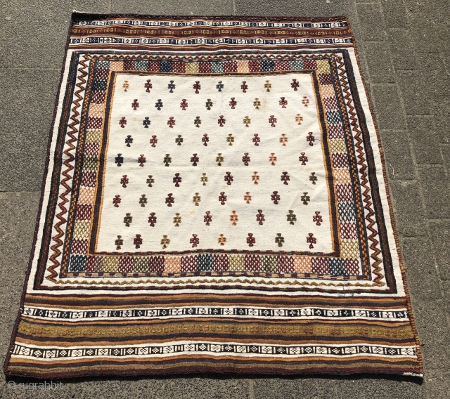 Antique Sofreh (bread or dining cloth) woven by Qashqai tribes of Southwest Persia, size: ca. 135x115cm / 4'4''ft x 3'8''ft , age: early 20th century, wool on white cotton    