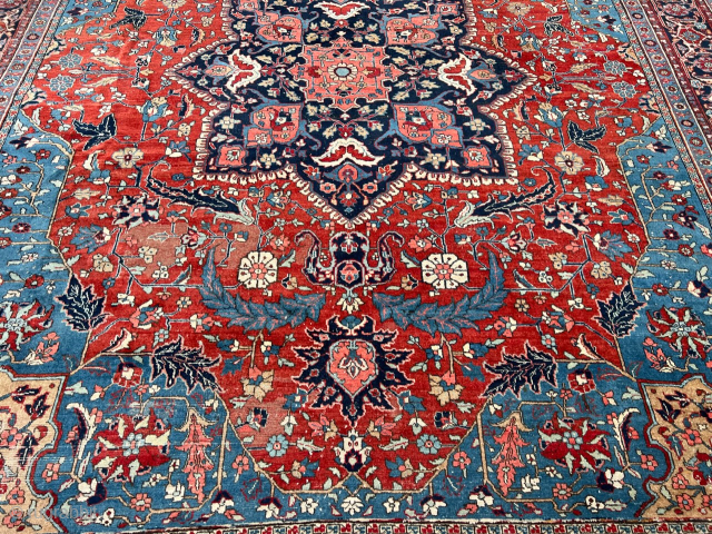 Fresh arrival from an old German estate: Beautiful Heriz from Northwest Persia. Very decorative. Size: circa 420x350cm / 13‘7ft by 11‘5ft http://www.najib.de you can also contact us through Whatsapp or telephone: +49  ...