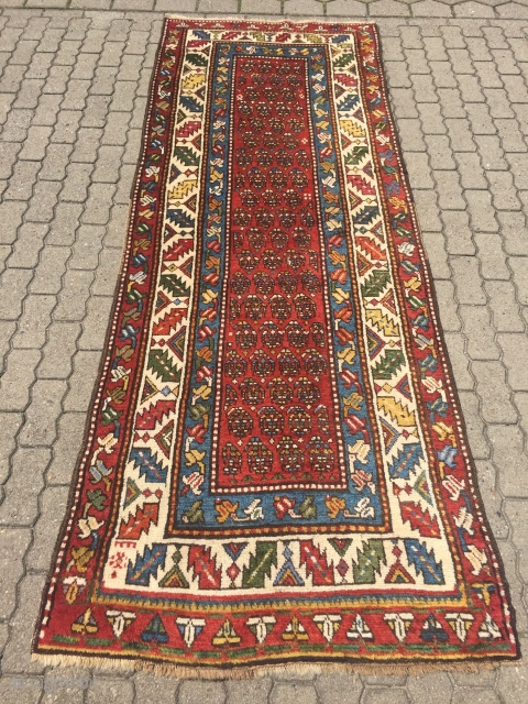 Antique Caucasian Gendje long rug with chunky pile and beautiful saturated colors, size: 287x107cm / 9'4''ft x 3'5''ft               
