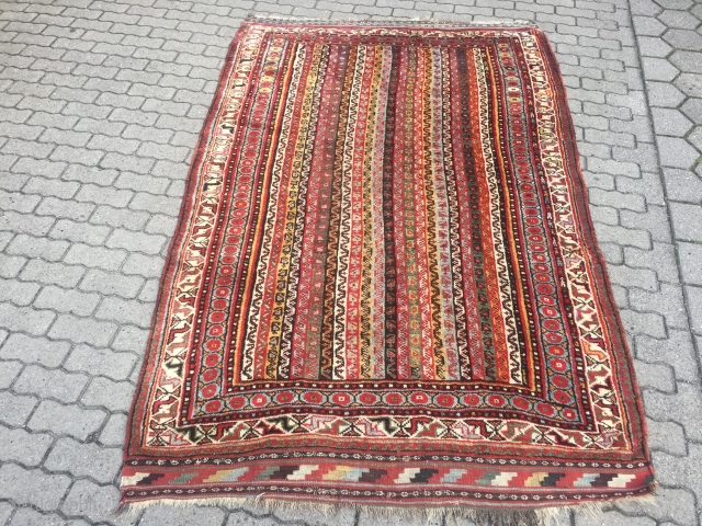 Antique Southpersian Luri tribal rug with beautiful colors, glossy wool and people in the border, size: ca. 260x165cm / 8'5''ft x 5'4''ft , age: 19th century       