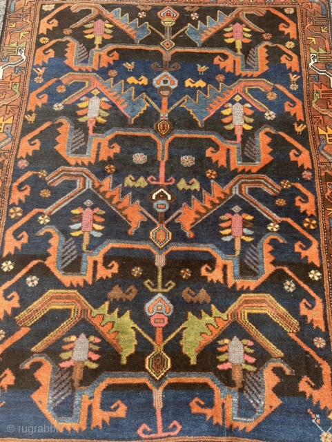 Antique Persian Malayer rug. Very nice design. Beautiful bird border, lovely little animals inside the field. Navy blue field color. Size circa 190x140cm / 6’3ft by 4’6ft www.najib.de     