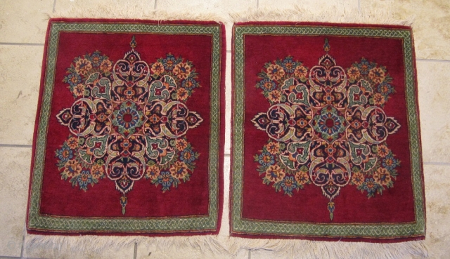 A pair of fine antique Persian Keshan Poshtis. circa 1920. Good condition. Size:  ca. 65x55cm each / 2'2'' x 1'8''ft            
