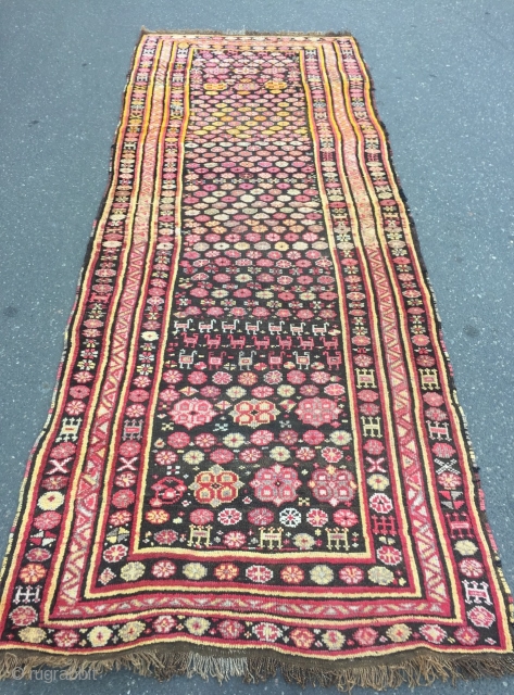 Colorful and funky antique Caucasian Karabagh long rug, age: circa 1900. Size: ca 360x133cm / 11'9''ft x 4'4''ft               