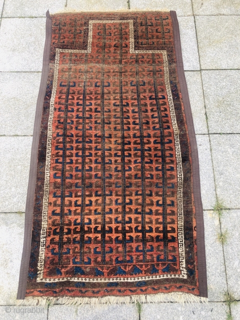 Antique Baluch prayer rug, a very old example with a rare archaic design. Size: ca. 165x85cm / 5'4''ft by 2'8''ft             