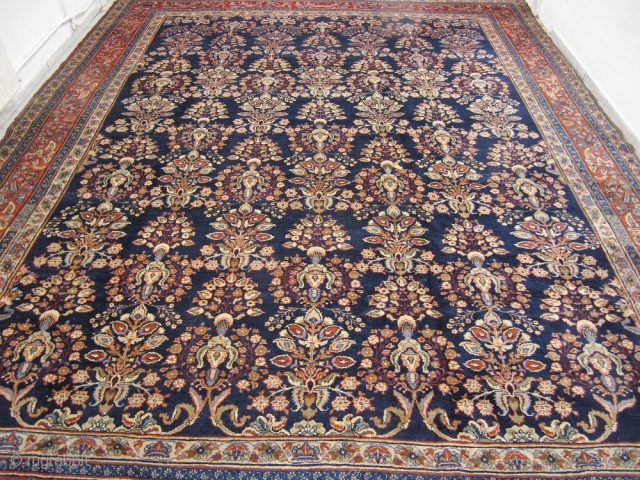 Very decorative antique Tabriz rug, good quality, beautiful navy blue ground color. Size: ca. 425x335cm / 14ft x 11ft www.najib.de             