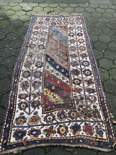 Antique Caucasian rug from an old German collection, good age, very nice colors and beautiful border. Size: ca. 227x111cm / 7'4''ft x 3'7''ft some condition problems but still very collectable.   