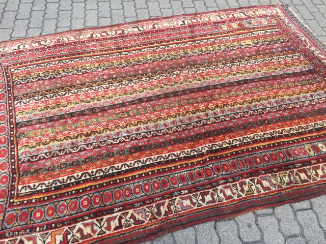 Antique Southpersian Luri tribal rug with beautiful colors, glossy wool and people in the border, size: ca. 260x165cm / 8'5''ft x 5'4''ft , age: 19th century
       