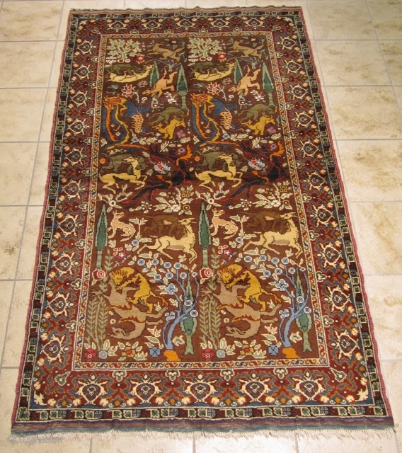 Hunting rug with mythical creatures. Origin: Southeast Europe, circa 1900. Size: ca.205x120cm / 6'7''ft x 4ft                 