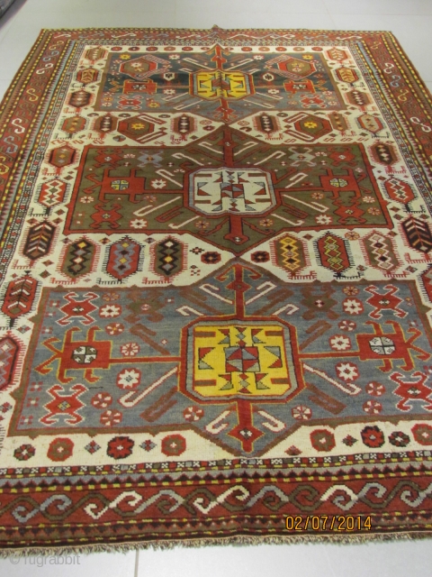 Ref:1933-kazak Fachralo Caucasian antique rug ,end of 19th century , mint condition , very rare Caucasian with a white background .2.45x1.72, 8'x5'8           