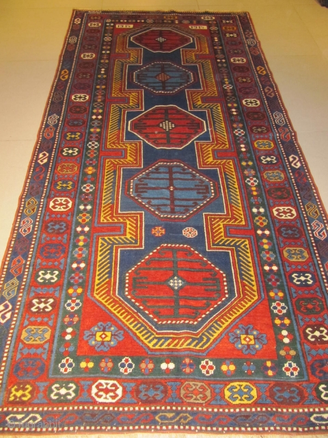 ref:S428 /Karabagh Ordoutch Caucasian antique rug ,dated 1914  , perfect condition ,
no repairs , no holes , mint , size 2.95 x 1.45 , 9'8 x 4'9 .    