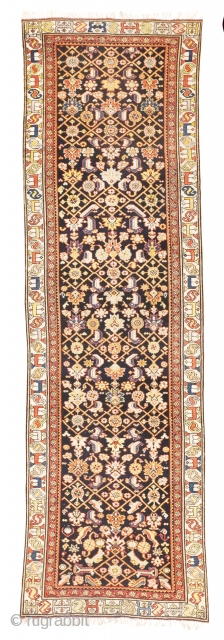 Antique Persian Malayer runner rug. Outer guard missing. Even pile. 3'x 11'4"                     
