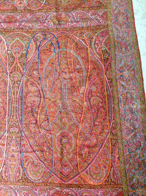 Rare master peace of antique Kashmir shawl Beautiful coloures and very long .excellent weaving 
 It has some moth  holes but over good condition . It measures 11 feet long and  ...