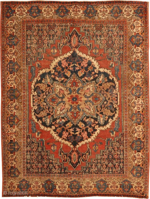 Antique Persian Senneh / Senna 460, Size: 3'5" x 4'6" Origin: Persia, Circa: Mid 19th Century -This lovely, eye-catching antique Oriental rug – a Senneh piece made in Persia some time during  ...