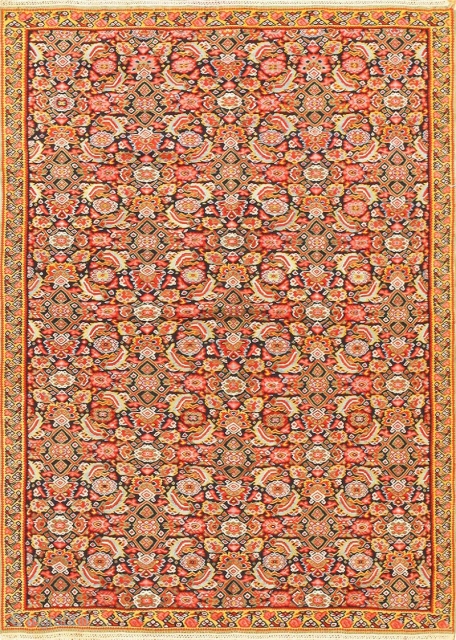 Small and Finely Woven Fish Design Antique Persian Senneh Kilim Rug 48802, Size: 3' x 4', Country of Origin: Persia, Circa Date: 1900 - An exceptionally vibrant herati fish pattern spills over the body  ...