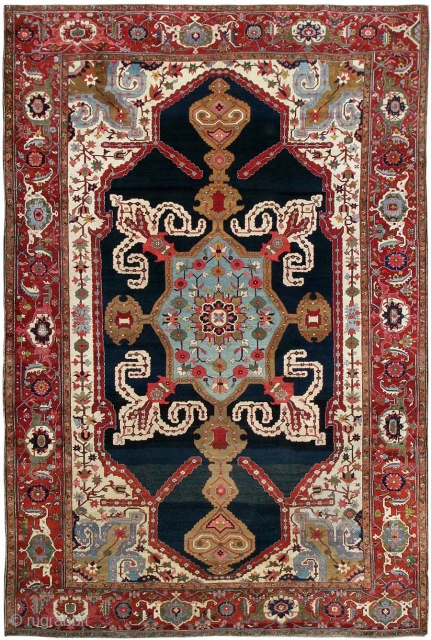 Antique Persian Heriz Serapi Rug 44177, Size: 12'7" x 19', Country Origin: Persia, Circa date: Turn of the Century - Heriz Serapi rugs are renowned for the graphic monumentality of their design and  ...