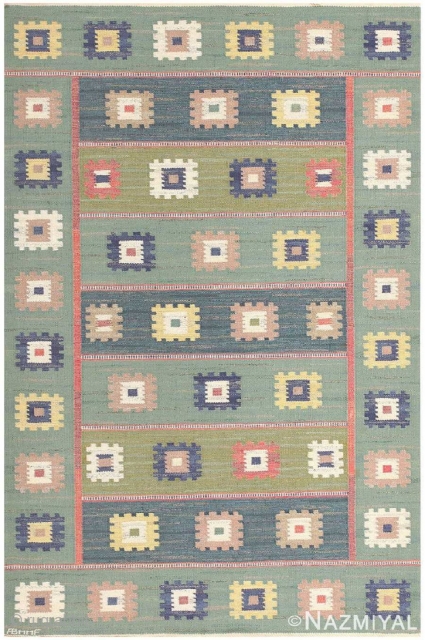 This Vintage Swedish Kilim is part of our Jan 21st auction ,5 ft 7 in x 8 ft 4 in (1.7 m x 2.54 m).Vintage Swedish Kilim "Gron Ang" by Marta Maas  ...