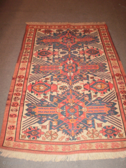 old soumak kilim more than 100years old fringes repaired good condition, synthetic colors!
chelabert design!185x120                   