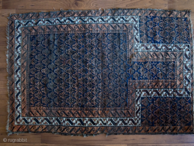 Belouch prayer design, Aimaq

Size 150 cm x  102 cm

Approx 1900

Wool warp, wool weft and pile

Quiet, warm colors, unusual field, Belouch, Aimaq.

Nice tribal piece. Striking appearance.

Moderate condition: Good pile with some minor  ...