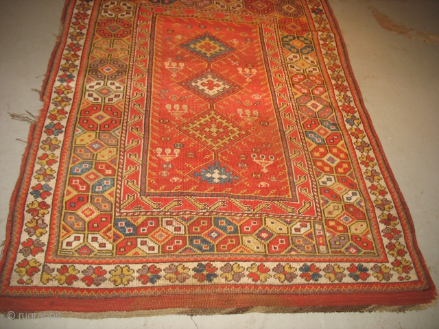 Turkish Melas 4.1 by 5.1. wonderful color, nice pile 19th cent. Bendas Rugs
 St. Louis,Mo                  