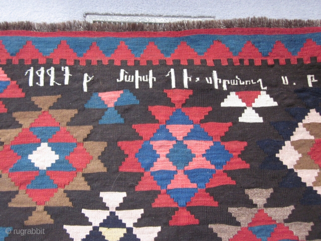 Armenian Kilim, inscribed 1927 "To my beloved", about 6 by 10 ft, excellent condition. More shots available on request.              