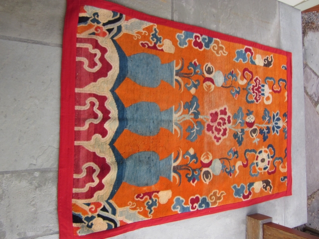 Tibetan ?doorway/?decorative rug for High Lama's room, ?Potala Palace
Reduced at bottom, about 4 by 6 ft, c.1930, moth tracks              