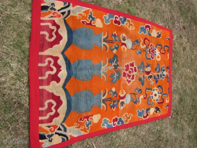 Tibetan Monastery pillar rug, slightly reduced, some moth tracks, abt 4 by 7 ft, c.1930                  