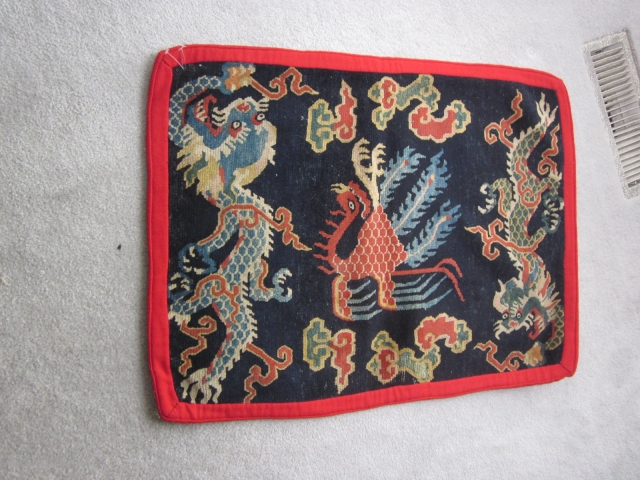 Tibetan: Saddle top mat with two dragons and phoenix. Excellent drawing and color. c.1920                   