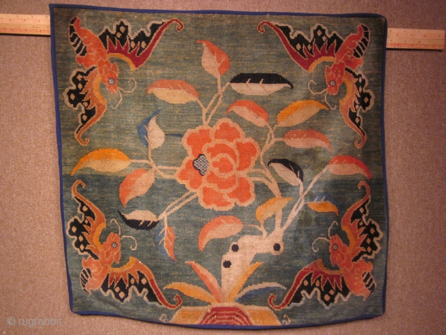 Tibetan mat. Bats with lotus on soft green ground. c.1920                       