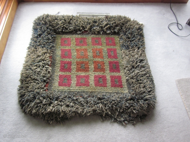 Tibetan: Temple Wangden meditation mat, about 3 by 3 ft. c. 1900,or earlier. Excellent condition. Ask for more shots showing the outer red band around the central squares, now obscured by the  ...