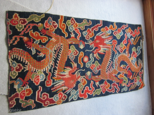 Tibetan: Two dragon khaden on blue ground, slightly reduced, c.1930, about 3 by 6 ft                  