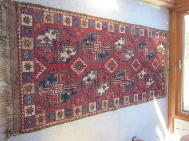 Uzbek rug, mid-19th C.,37 by 79 inches, attractive color palette, distinct rural/provincial feel to the weaving                 