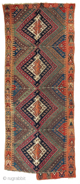 Fine rashwan kilim. Mid  19th century or earlier. Wonderful , spacious design with half elibelinde devices on boders, lovely colors. Made of 2 panels ( not connected) woven in succession without  ...