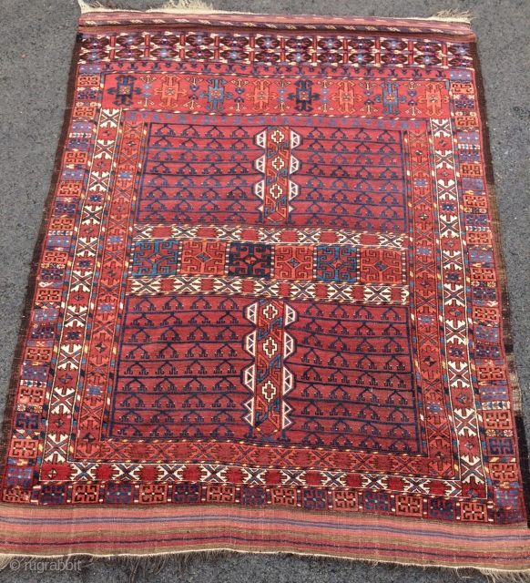 Lovely Antique Ersari Ensi. ca.1880. 60"x 82" (including kilim ends)
Good pile over all. Great color. No stains. A few old touch ups on the selvage and a couple of old knots in  ...