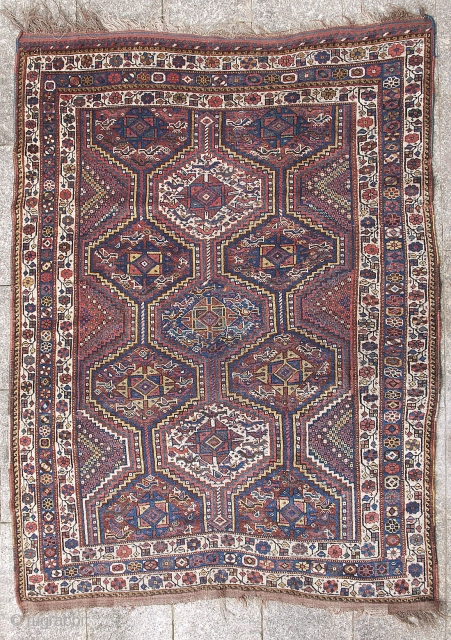 Classic Khamseh rug  ca. 1900 - 4'.8" x 5'.10" Wonderful natural color. Good even pile with glossy wool.  All original with no repairs or damage. Clean.     