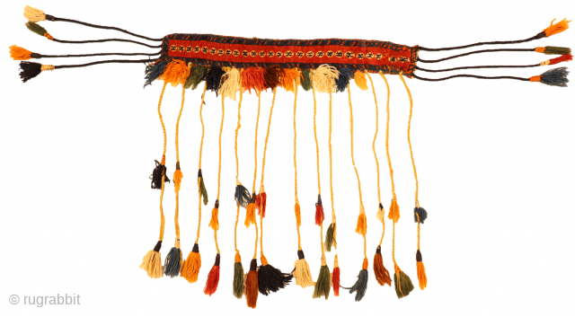 This antique Qashqai horse or camel band has been woven with finelly spun wool. Soft and shinny wool and natural colours. The tassels are a latter adding.

It is not easy to distinguish  ...