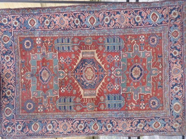 Persian Karaja rug, all good colours including nice light blue and green. Overall medium to low pile. In good sound condition but needs a wash and the side cords redone. 193x141cms (k140849).  ...