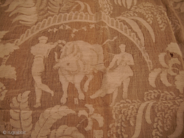 Olé! A VERY rare beginning of 20th Century curtain with bull fighting motifs from Navarra, Spain.  Extremely fine cotton, some tears in places. It comes from a very large and wealthy  ...