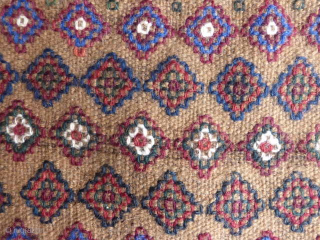 Afshar, Sirjan area, rare camel ground small eating soffreh,1930-1940, ombroidered motifs and kilim ends, excellent original condition, 92x60cms.               