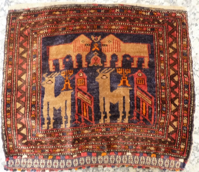 Pair of Belouch Lion bags with two deers (or goats) and two birds. Finely woven with lots of details.
55x46 and 55x46 cms
           