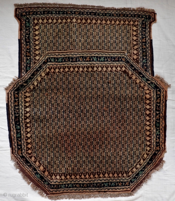 A Neyriz region saddle cover from South West Iran. Very well preserved, with four tiny repairs (see pictures), maybe caused by the friction with the saddle. Long pile, edges in original condition.  ...