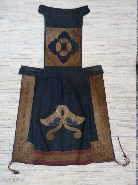 Ethnic sub-group from the "Miao" category, baby carrier, 77x53cms, dark blue, what looks like a hand-loomed cotton (or maybe other plant fibre) base, with extremely finely embroidered materials sown on top, 3  ...