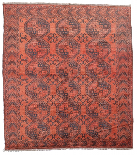 Fantastic Aqcha Suleiman rug from Northern Afghanistan woven by Turkoman ethnic weavers. The size is unusual as it is very square, the wool soft and silky, densely woven with a thick full  ...