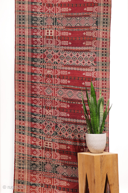 An exceptional and possibly one of the finest antique Serkhat Baluch Shaffi kilims we have encountered. The wool has been spun to an extraordinary degree of fineness, allowing for an exceptionally intricate ...