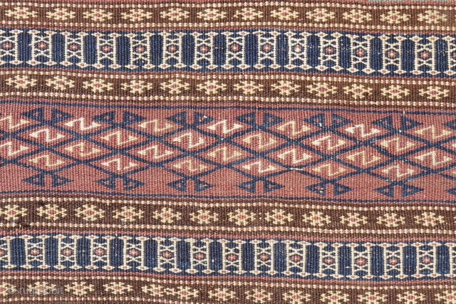 This kilim from the Beluch tribe of Afghanistan is woven from finely spun wool with natural dyes. The color palette is restricted and sober, as the kilims of this tribe are usually  ...