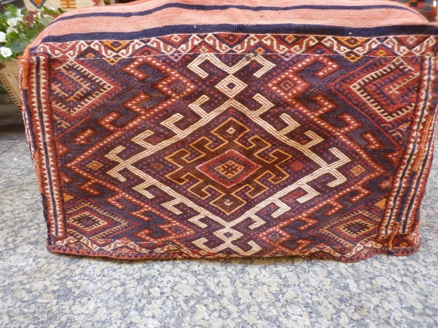 One of a pair of n.w. Iran, Azeri Mafrash, 53cm high x 43cm wide x 93cm long, earthy colours, extra warp wrapping motifs, good original condition including intricate edge binding. Ideal for  ...