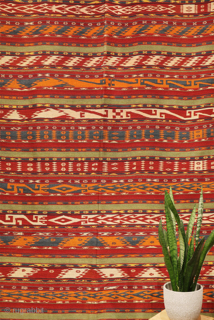 A collectable antique Uzbek gudjeri (gadjeri or Ghudjeri) kilim woven with extremely finely spun wool. This gadjeri kilim is representative of the very fine detail and wide range of colours used by ...