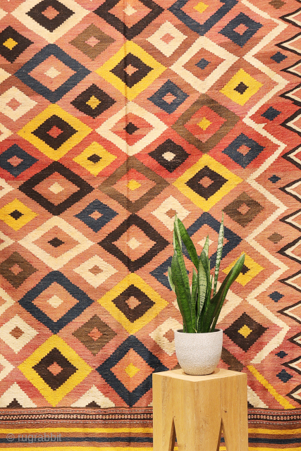 A superb antique Uzbek Labijar kilim with abundant yellow coloration. This kilim shares many of the characteristics of typical Labijar kilims. However, what appears to be a “standard” kilim with Labijar lozenges ...