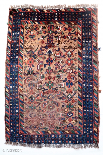  A rare prayer Shia rug from Southern Iran, possibly woven by tribes of Arab origen. Traditionally, Shias didn´t design specific rugs for praying, but they pray touching with the headfront a  ...