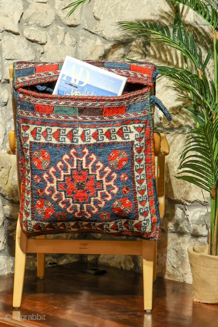 This Luri saddlebag has been woven with the knotted technique at the front and with kilim for the back. All dyes are natural (with a beautiful  blue and green) and the  ...