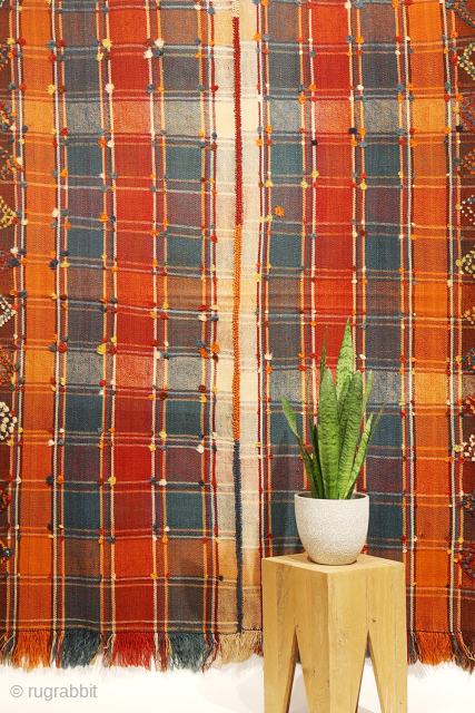 A very finelly woven qashqai moj or jajim, woven entirely with natural dyes. As can be seen the weaver had access only to a small loom and therefore she had to weave  ...
